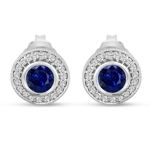 Platinum Blue Sapphire Stud Earrings 0.92 Carat Micro Pave and