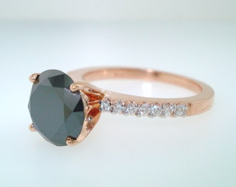 14K Rose Gold Black Diamond Engagement Ring 1.69 Carat Certified Handmade