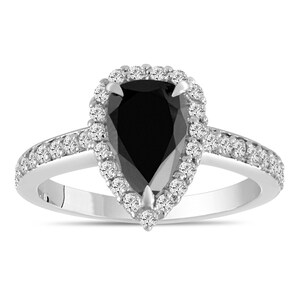 Pear Shaped Black Diamond Engagement Ring, 1.75 Carat Black Diamond Wedding Ring, Halo Bridal Ring, 14k White Gold Unique Handmade Certified