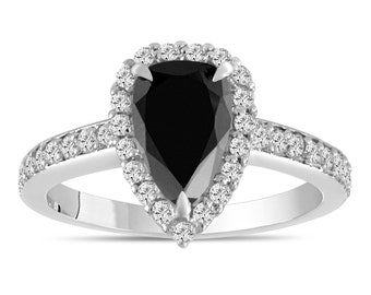 Pear Black Diamond Engagement Ring: 1.75 Carat Halo, 14k White Gold