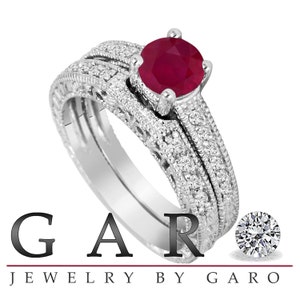 0.87 Carat Ruby & Diamond Engagement Ring Set, Wedding Rings Sets, Anniversary Rings, 14K White Gold Vintage Style Certified HandMade image 3