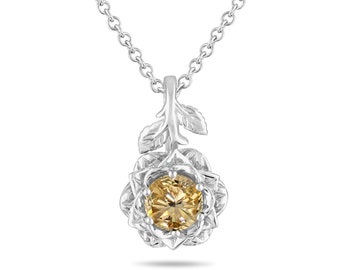 1.01 Carat Champagne Diamond Floral Pendant Necklace, 14K White Gold Rose Flower Unique Handmade Certified