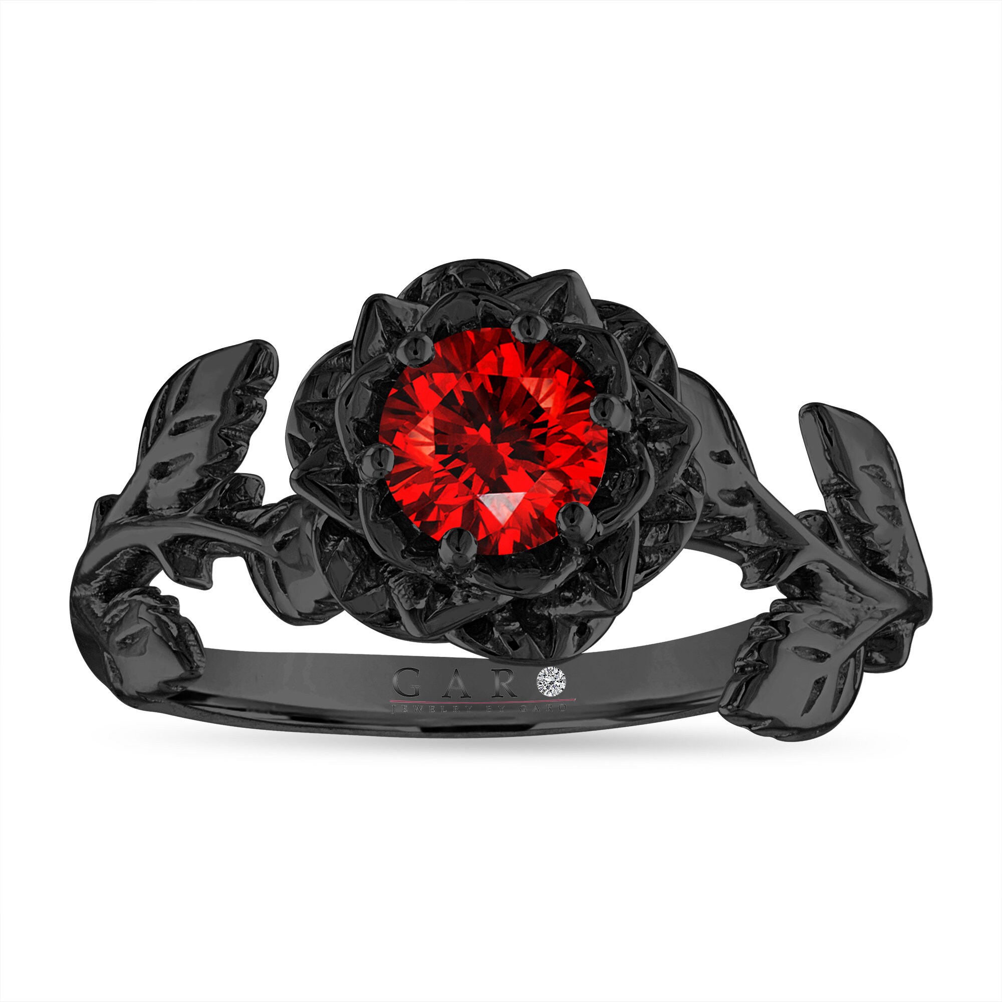 Red Diamond Rose Flower Ring: Vintage Floral 14K Black Gold 
