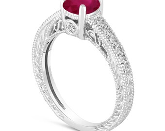 Red Ruby Engagement Ring 14K White Gold Vintage Antique Style Engraved 0.75 Carat Certified HandMade