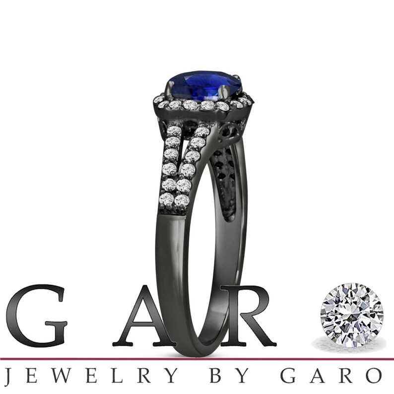 Blue Sapphire & Diamond Engagement Ring Vintage Style 14K Black Gold 1.34 Carat Pave Set HandMade Certified Halo image 3