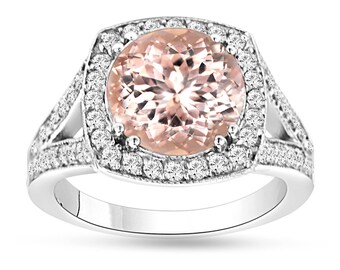 Morganite and Diamond Halo Ring: 14K White Gold Vintage Cocktail Ring