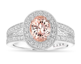 Oval Pink Morganite Engagement Ring Unique Halo 14K White Gold, Yellow Gold Or Black Gold Vintage Style 1.56 Carat Handmade Certified