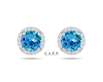 Blue Topaz & Diamonds Halo Earrings, Micro Pave 2.16 Carat 14K White Gold Or Rose Gold Unique Handmade Certified