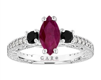 Marquise Ruby Engagement Ring Vintage Style 14k White Gold or Black Gold 1.42 Carat Unique Handmade Certified