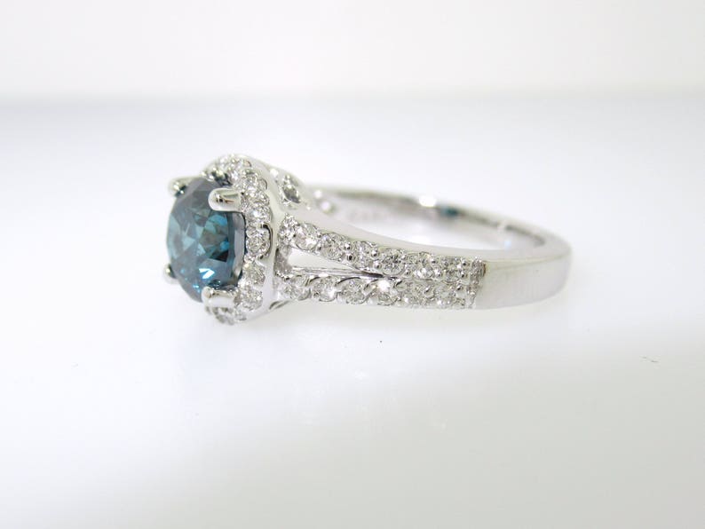 Blue Diamond Engagement Ring, 1.32 Carat Bridal Ring, Halo Engagement Ring, 14K White Gold Pave Certified Handmade image 5