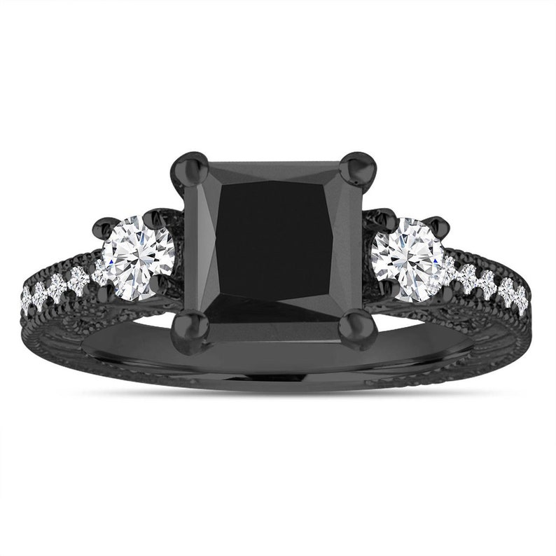 Princess Cut Black Diamond Engagement Ring, Unique Vintage Wedding Ring, Three Stone Ring, 2.28 Carat 14K Black Gold Handmade Certified image 1