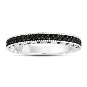 Black Diamonds Wedding Band, Vintage Anniversary Ring, Engraved Wedding Band, Unique Half Eternity Ring 14K White Gold Pave 0.38 Carat