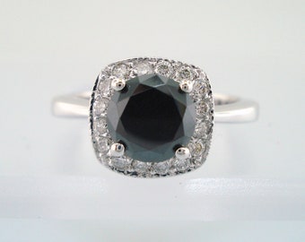 Black Diamond Engagement Ring, Halo 1.30 Carat 14K White Gold handmade Certified