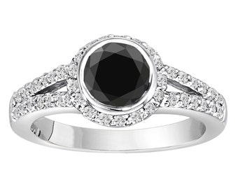 Black Diamond Engagement Ring: 14K White Gold Halo, Handmade
