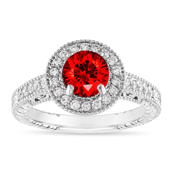 1.29 Carat Red Diamond Engagement Ring, Fancy Red Diamond Wedding Ring,  Vintage Halo Pave 14K White