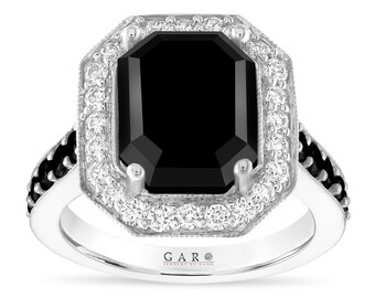 Emerald Cut Black Diamond Halo Engagement Ring 5.26 Cara 14K White Gold, Rose Gold Or Black Gold Vintage Style Unique Certified Handmade