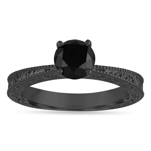 Vintage Black Diamond Engagement Ring, Solitaire Engagement Ring, Filigree Engraved Engagement Ring, 1.20 Carat 14k Black Gold Handmade