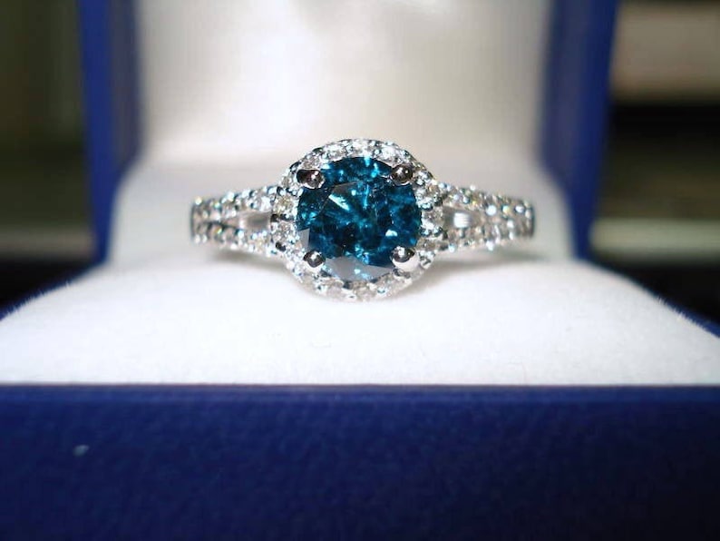 Blue Diamond Engagement Ring, 1.32 Carat Bridal Ring, Halo Engagement Ring, 14K White Gold Pave Certified Handmade image 1