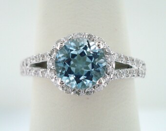Platinum Aquamarine & Diamond Engagement Ring 1.21 Carat Handmade Certified Birthstone Halo