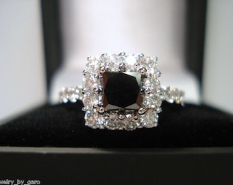 Princess Cut Black Diamond Engagement Ring 2.26 Carat 14K White Gold handmade