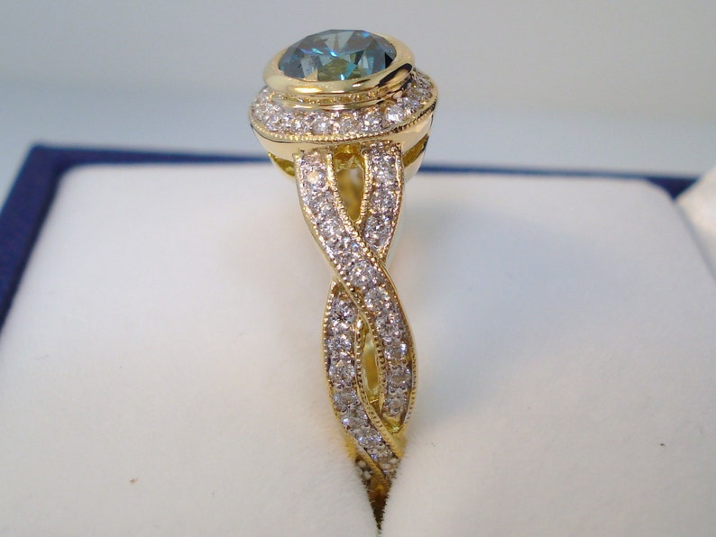 Blue Diamond Engagement Ring Yellow Gold, Halo Engagement Ring, Infinity Bridal Ring, 1.30 carat Micro Pave Set handmade image 5