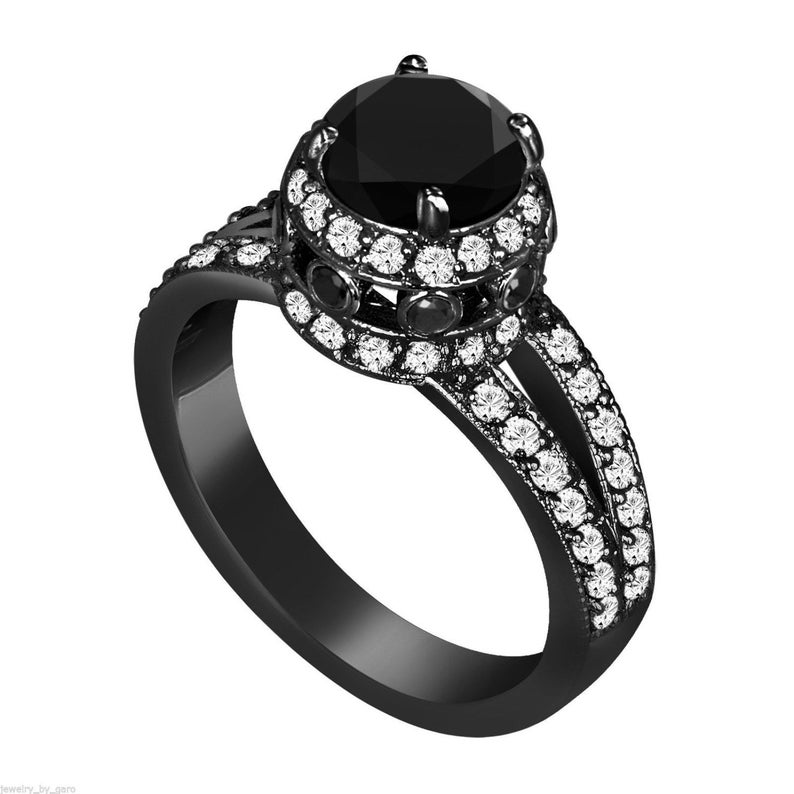 Black Diamond Halo Engagement Ring, Vintage Engagement Ring, 1.80 Carat 14K Black Gold Unique Pave handmade Certified image 1