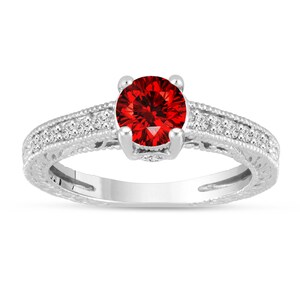 Red Diamond Engagement Ring 14K White Gold Vintage Antique Style Engraved 0.67 Carat Certified HandMade