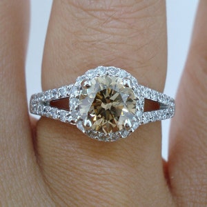 Champagne Diamond Engagement Ring, Brown Diamond Wedding Ring, 1.69 Carat 14k White Gold Handmade Halo Certified