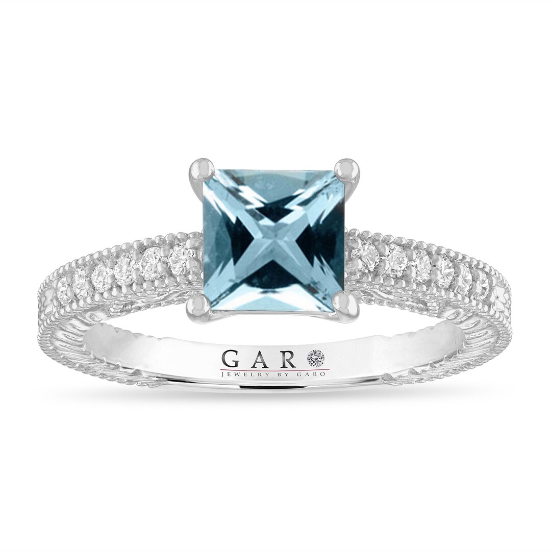 Princess Cut Aquamarine Engagement Ring, Vintage Carat 14K