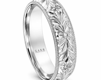 Hand Engraved 14K White Gold Wedding Band - Vintage Floral, 5mm