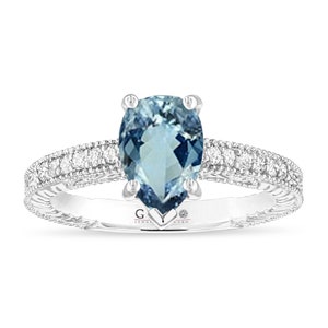 Pear Shaped Aquamarine Filigree Engagement Ring 1.37 Carat 14K White Gold or Black Gold Vintage Unique Certified Handmade
