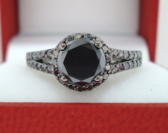 Black Diamonds Engagement Ring, Unique Bridal Ring, Vintage Engagement Ring, Halo Engagement Ring, 1.60 Carat 14K Black Gold handmade