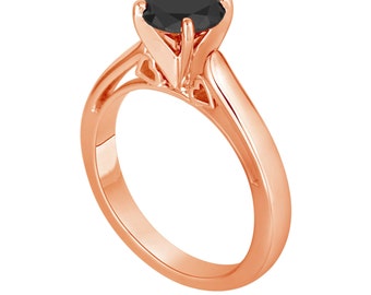 Black Diamond Solitaire Engagement Ring 14k Rose Gold 1.07 Carat Heart Designs handmade