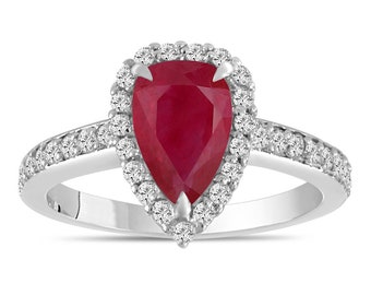 Pear Shaped Ruby Engagement Ring 1.75 Carat Vintage Halo 14k White Gold or Black Gold Unique Handmade Certified