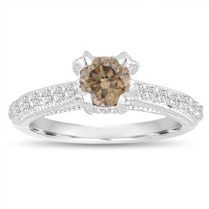 Champagner Diamant Verlobungsring, Brauner Diamant Verlobungsring, Vintage Brautring, 0.80 Karat 14K Weißgold Handgemacht Zertifiziert