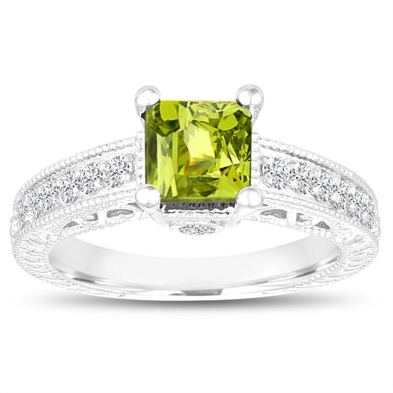 Princess Cut Peridot Engagement Ring Peridot and Diamonds Wedding