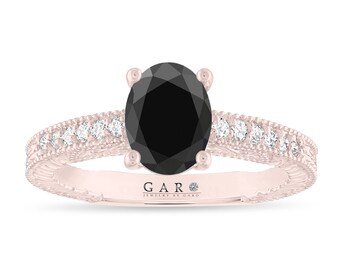 1.72 Carat Oval Black Diamond Filigree Engagement Ring: Handmade Unique 14K Gold Certified