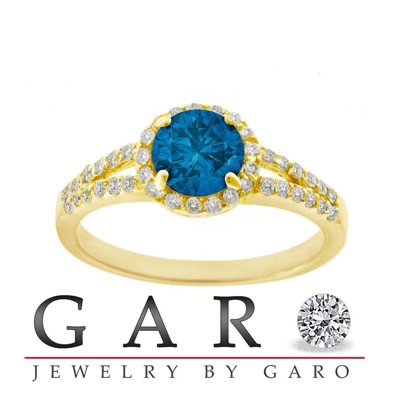 Blue & White Diamonds Engagement Ring 1.34 Carat SI1 14K Yellow Gold HandMade Halo Wedding Ring image 3