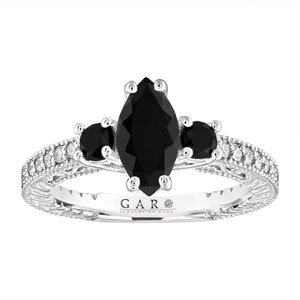 Marquise Black Diamond Engagement Ring: Vintage 14k White Gold, Handmade