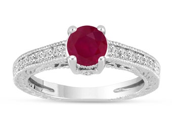 Ruby Engagement Ring 14K White Gold Vintage Antique Style Engraved 1.20 Carat Certified HandMade