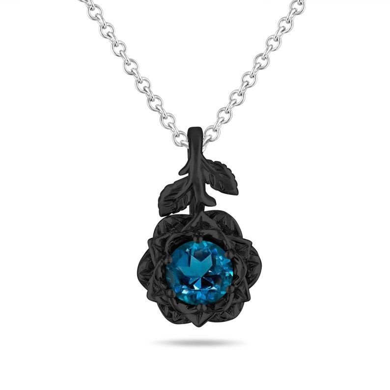 1.02 Carat London Blue Topaz Rose Flower Floral Pendant Necklace, 14K White Gold, Rose Gold Or Black Gold Vintage Style Handmade Certified image 3