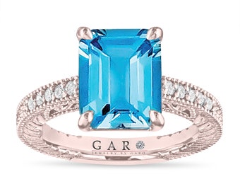 Emerald Cut Blue Topaz Engagement Ring 3.85 Carat 14k White Gold, Rose Gold Or Black Gold Vintage Style Unique Certified Handmade