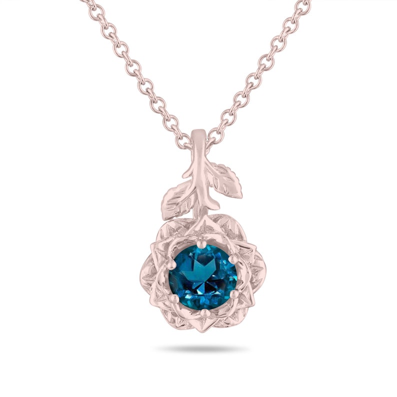 1.02 Carat London Blue Topaz Rose Flower Floral Pendant Necklace, 14K White Gold, Rose Gold Or Black Gold Vintage Style Handmade Certified image 1