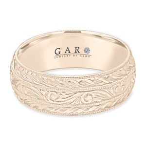 Hand Engraved Wedding Band, Mens 8 mm Wedding Ring, 14K White Gold, Rose Gold or Yellow Gold Vintage Antique Style Unique Handmade