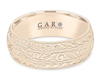 Hand Engraved 14K Gold Wedding Band: Vintage Style 8mm Ring
