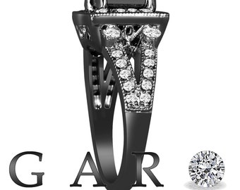 Princess Cut Black Diamond Engagement Ring: Carat 14k Black Gold Halo,  Vintage Handmade