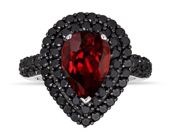 Handmade Pear Garnet Engagement Ring: Black Diamond Double Halo, 14k White Gold