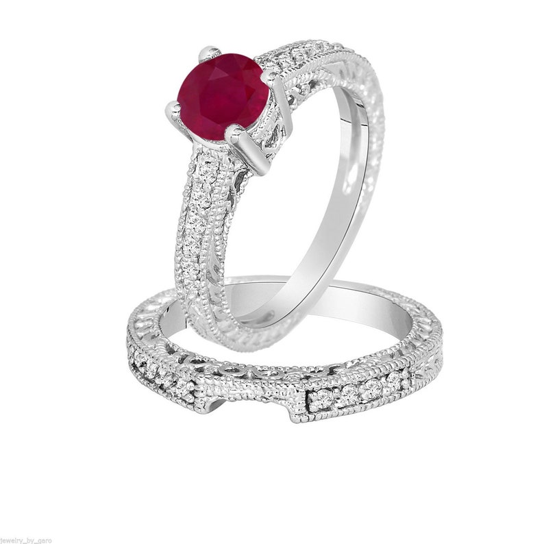 0.87 Carat Ruby & Diamond Engagement Ring Set, Wedding Rings Sets, Anniversary Rings, 14K White Gold Vintage Style Certified HandMade image 1