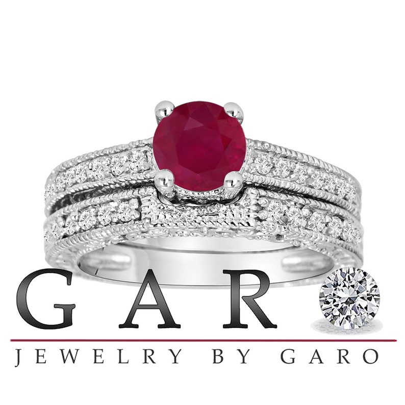 0.87 Carat Ruby & Diamond Engagement Ring Set, Wedding Rings Sets, Anniversary Rings, 14K White Gold Vintage Style Certified HandMade image 2