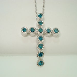 Blue Diamond Cross Pendant Necklace 14K White Gold 0.38 Carat Handmade Fine Bezel Set image 2